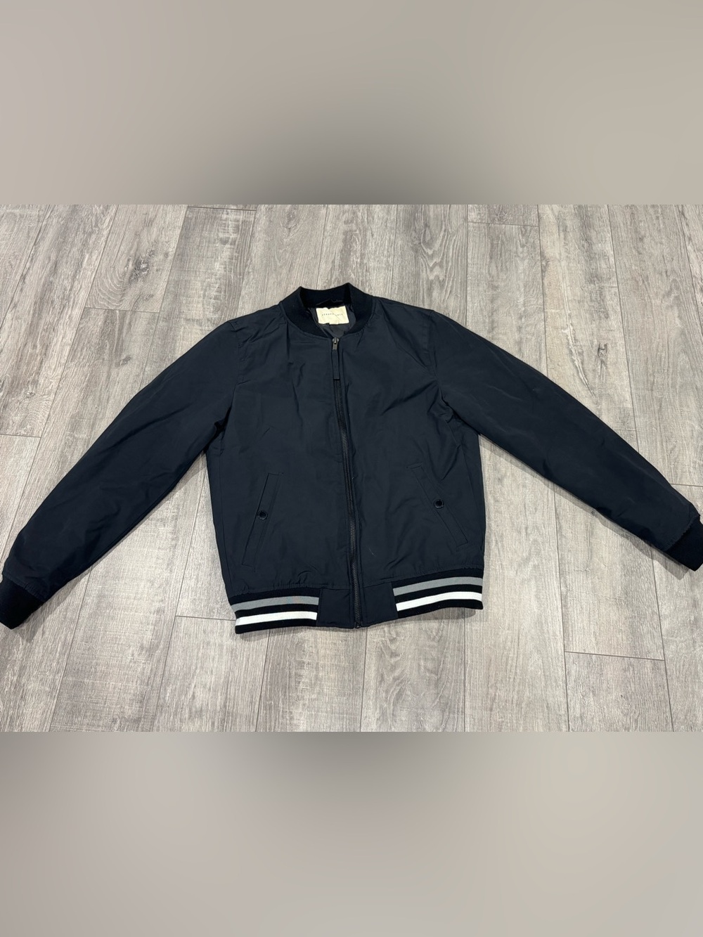 Aeropostale Black Bomber Jacket with White Stripe Hem
